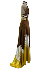 Phenomenal Spring 2005 Original Valentino Runway Look 56 Brown Yellow Floral Print Halter Dress w Sequin Waist Band