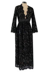 Incredible Fall 1970 Donald Brooks Runway Black Chenille & Sequin Net Lace Dress w Plunge Front