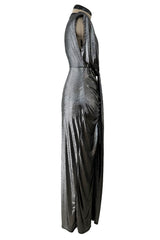 Fantastic 1990s Gianni Versace Metallic Silver Stretch Jersey Dress w Front Plunge & Long Tie
