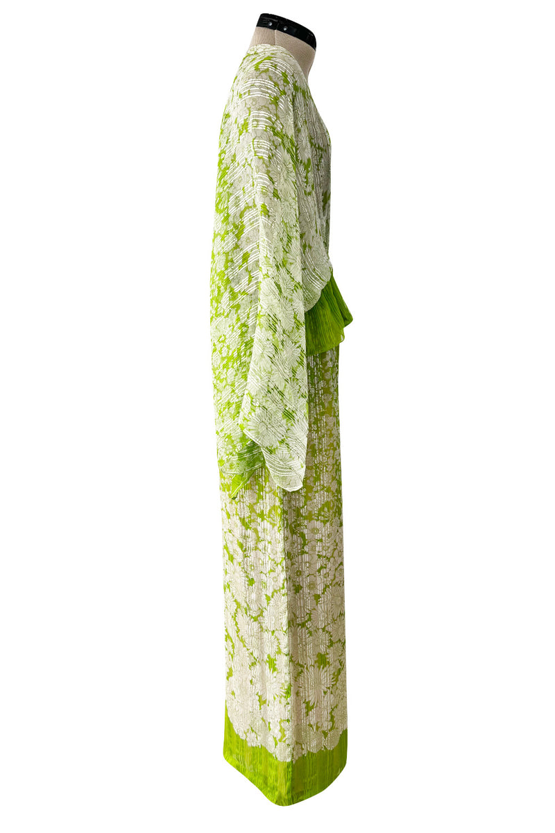 Fantastic 1970s Pauline Trigere Two Piece Green Silk Chiffon  Plunge Top & Wide Leg Pant Set
