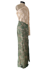 Dreamiest 1970s Geoffrey Beene One Shoulder Soft Blush Pink & Moss Green Corded Lace Dress