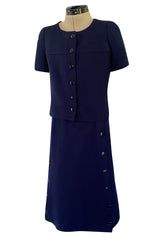 Minimalist Spring 1973 Courreges Numbered Haute Couture Blue Snap Front Jacket & Matching Skirt