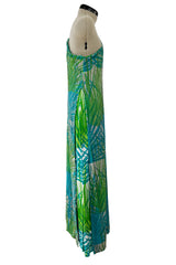 Phenomenal c.1972 La Mendola Hand Beaded Green Printed Caped One Shoulder Silk Jumpsuit