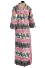 Incredible Fall 1970 Bill Blass Runway Pink Patterned Gold Metallic Thread Dress w Wide Sleeves