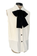 Spring 2015 Chanel by Karl Lagerfeld Runway White Crepe de Chine Pleated Blouse W Handmade Camellia Buttons