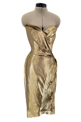 Fabulous c.1986 Thierry Mugler Strapless Metallic Gold Lurex Mini Dress w Buckle Detail