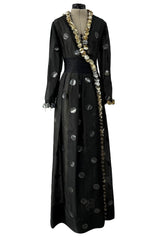 Fabulous 1960s Geoffrey Beene Black Silk Organza Dress w Metallic Gold & Silver Discs & Bead Detail