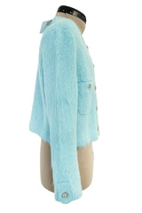 Fall 2019 Chanel by Karl Lagerfeld Pastel Baby Blue Knit Jacket w Handmade Snowflake Buttons