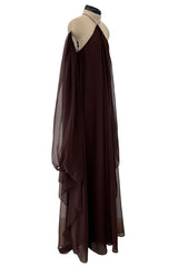 Extraordinary 1970s Yuki Brown Chiffon Caftan Dress w Open Shoulders & Incredible Sleeves