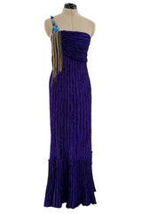 Fall 1982 Mary McFadden Purple Pleated Dress w Elaborate Beaded Gold Cord Shoulder