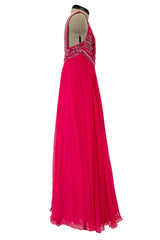 1960s Helen Rose Pink Silk Chiffon Dress w Elabroately Beaded & Sequins Bodice