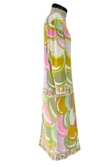 Prettiest 1960s Emilio Pucci Pale Pastel Curving Print Silk Jersey Dress w Contrasting Border