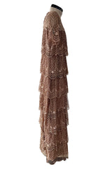 Prettiest 1960s Gold & Taupe Net Lace & Rhinestone Tiered Scalloped Edge Dress