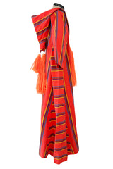 Incredible 1960s Josefa Striped Cotton Caftan Dress w Hood & Huge Orange Yarn Tassel Detailing
