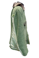 Fall 2005 Roberto Cavalli Green Boucle Jacket w Chinchilla Collar, Rhinestone, SIlk & Velvet Detailing