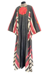 Fabulous 1960s Josefa Hand Muted Charcoal & Coral Cotton Caftan w Hand Embroidered Details