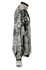 Beautiful & Rare 1970s Thea Porter Balloon Sleeve Grey Toned Printed Top w Pointed Collar