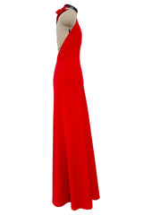 Amazing 1970s Halston Red Jersey Halter Neck Jumpsuit w Open Bare Back & Ultra Wide Legs
