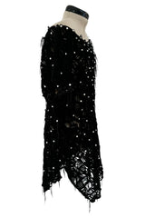 Rare 1980s Jan Faulkner Hand Made Black Suede Cut Out Mini Dress w Pearls & Fringe