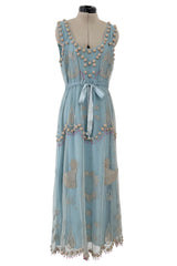 Prettiest Vintage Unlabeled Dusty Pale Blue Net Applique & Embroidered Dress w Ribbon Waist Tie