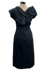 Fabulous Early 1960s Neusters Dior Feeling Black Silk Dress w Front Bow Detail