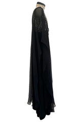 V Neck & Back 1990s Nina Ricci Black Silk Chiffon Caftan Dress w Sequin Bead & Rhinestone Detailing