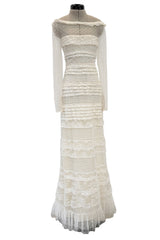 2012 Valentino by Pierpaolo Piccioli & Maria Grazia Chiuri Tiered Ivory Lace Net Dress w Sequin & Bead Detailing
