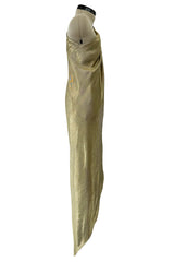 Rare Halston 1976 Couture One Shoulder Gold Metallic Lame Sarong Dress