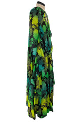 Magical 1970s Jean Varon Green Printed Dress w Elaborate Ruffled Sleeves