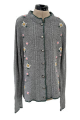Wonderful 1980s Moser Deep Grey Colour Hand Knit Cardigan Sweater w Floral Details & Metal Buttons