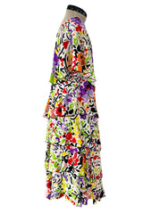 Prettiest 1970s Hollys Harp Bright Printed Silk Tiered V Front & Back Plunge Dress w Layered Tiers