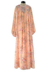 Incredible 1970s Hanae Mori Floral & Butterfly Peach Silk Chiffon Dress w Balloon Sleeves & Beading