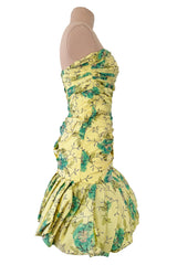 Documented Spring 1988 Emanuel Ungaro Pale Yellow Silk Taffeta Strapless Dress w Floral Print