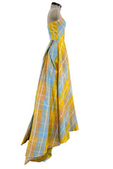 Beautiful Late 1980s Pierre Balmain Pastel Blue & Yellow Feather Light Strapless Silk Dress w Full Skirt