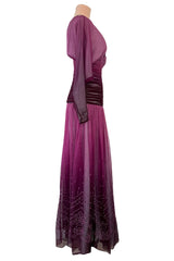 Rare 1970s Bill Gibb Deep Pink Ombre Hand Dyed Silk Chiffon Dress w Fused Glitter Detailing