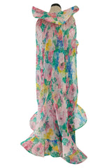 Beautiful 1980s Pierre Cardin Haute Couture Silk Chiffon Pastel Floral Ruffled Strapless Dress & Cape