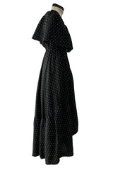 Dreamy 1981 Halston White Embroidered Dot on Black Wrap Off Shoulder Dress w Caped Neckline