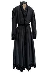 Early 1980s Louis Feraud Black Silk Tafetta Dress w Puff Shoulder Sleeves & Velvet Detailing