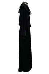 Beautiful 1970s James Galanos Couture Black Silk Chiffon Bias Cut Dress w Removeable Ruffled Collar