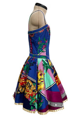 Iconic Spring 1992 Versace by Gianni Versace Jeans Couture Floral Print Full Skirt Halter Mini Dress
