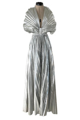 Exceptional 1970s Roland Klein Metallic Silver Lame Pleated Fan Dress w Completely Open Bare Back