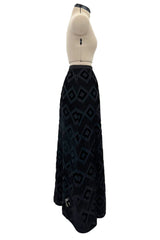 Prettiest 1960s Pierre Balmain Full Length Fused Velvet in Black Silk Geometric Pattern Skirt