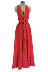 Chic & Minimalist Resort 1974 Halston Vogue Documented Red & White Striped Cotton Plunge Dress Dress