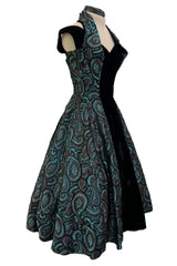 Spectacular 1940s Lilli Ann Teal & Brown Brodace & Velvet Dress w Looped Lame Detailing