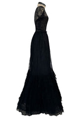 Spectacular Spring 1992 Oscar de la Renta Extremely Fine Black Lace Dress w Tiered Ruffled Full Skirt