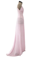 2005 Roberto Cavalli Pale Pink Silk Jersey Plunge Dress w Trained Back