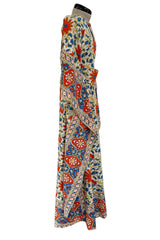 Prettiest 1960s Hand Block Printed Coral Blue & Ivory 100% Cotton Full Caftan w Front Belt