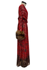 Incredible Fall 1979 Bill Blass Couture Red Silk Chiffon Dress w Gold Sequins & Mink Cuffs