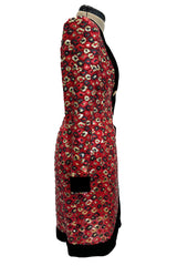 Spectacular Fall 1990 Givenchy Red Silk Organza Button Dress w Sequins & Velvet Trim &