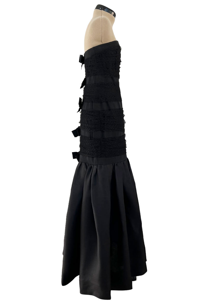 Spring 1987 Yves Saint Laurent Grosgrain, Dotted Net & Silk Strapless Dress w Bows